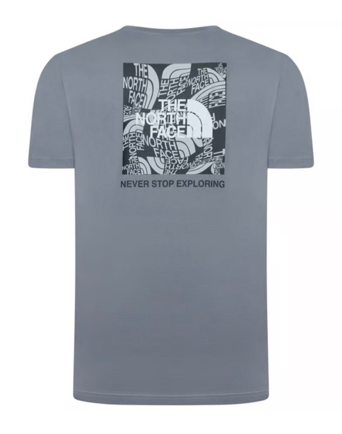 rear of the grey t-shirt with large box logo and never stop exploring text in dark grey contrast