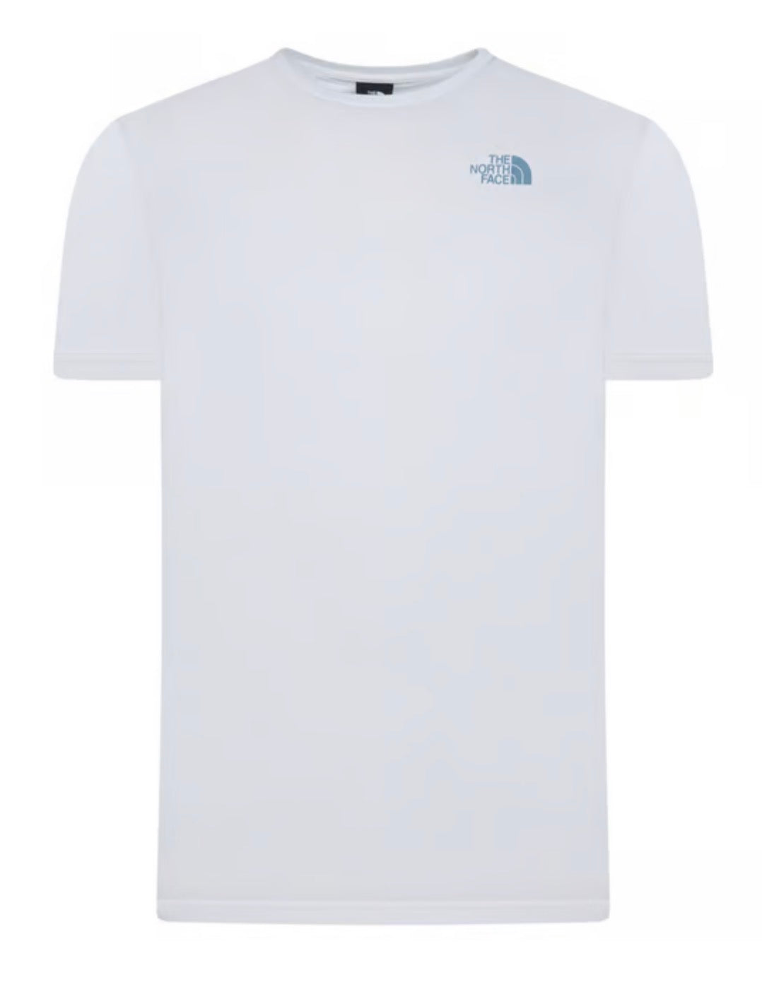 White t-shirt with a blue simple logo on front and large box logo on rear
