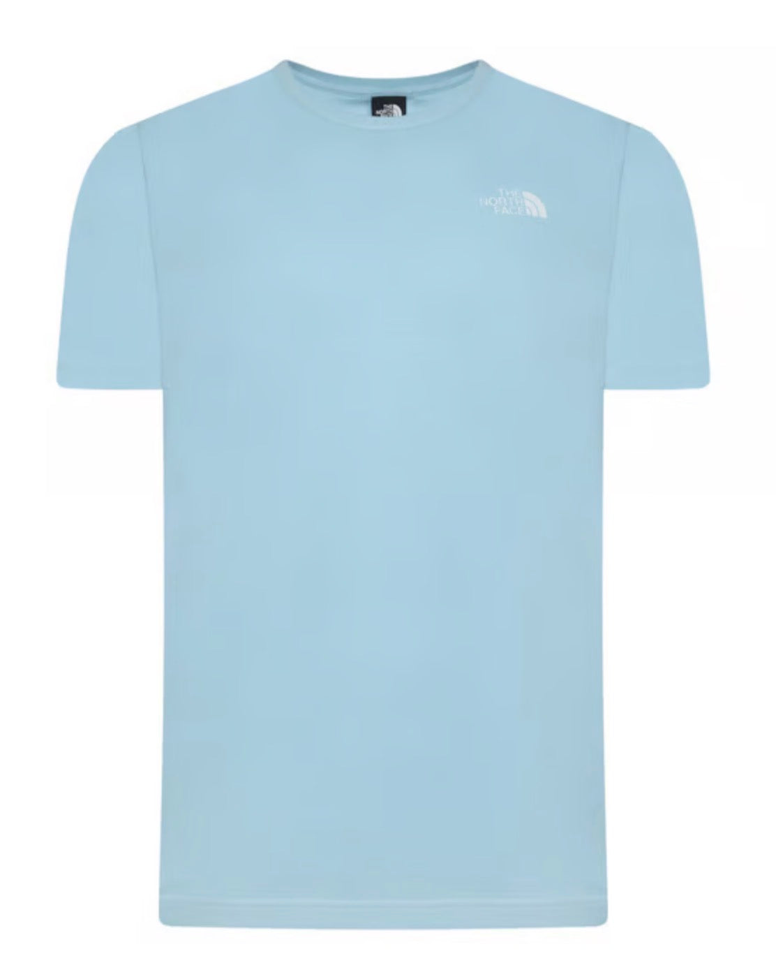 sky blue t-shirt with white simple dome print on the front and large box logo on rear