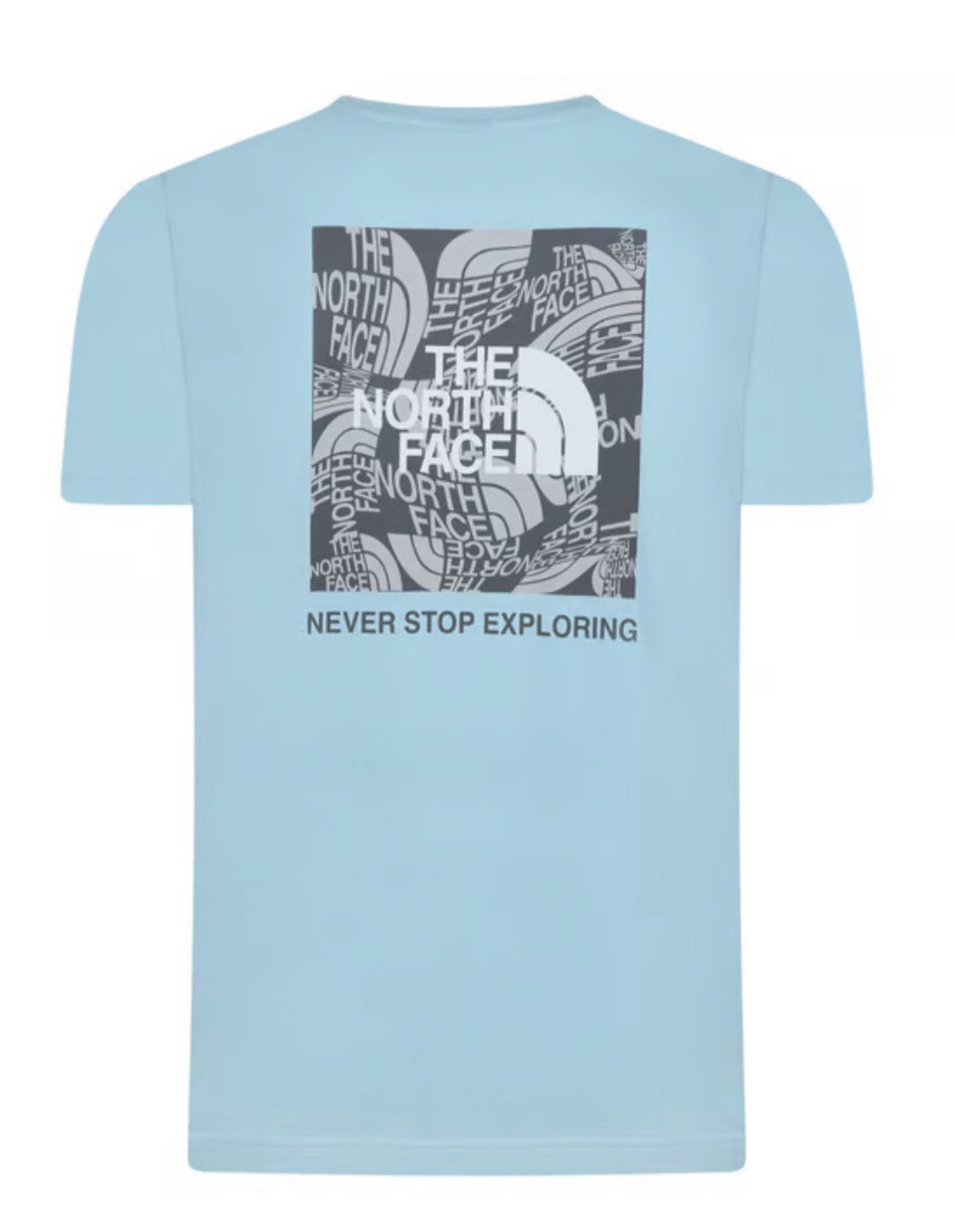 rear of the sky blue t-shirt with large box logo and never stop exploring text in grey