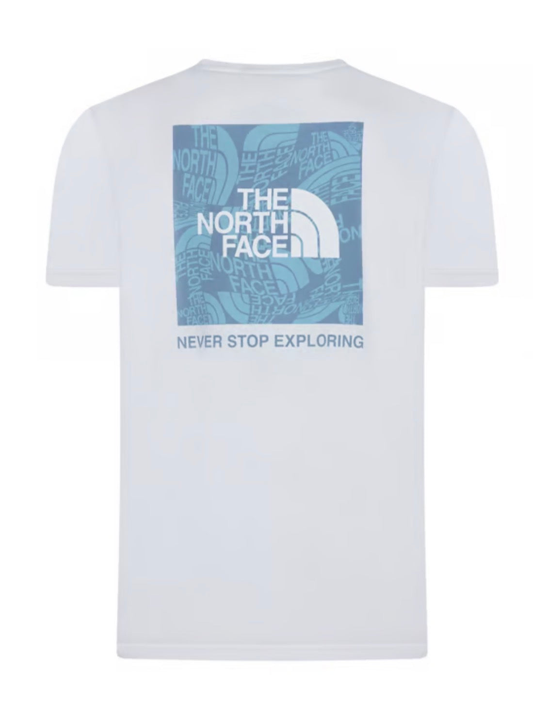 rear of the white t-shirt with large blue logo box and never stop exploring text